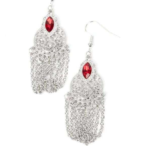 Red Gem Chandelier Earrings – Silver Filigree with Chain Fringe - Picture 3 of 3